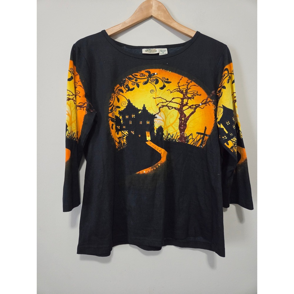Collections Etc Halloween Haunted House Sequin Top Black Orange Women Medium